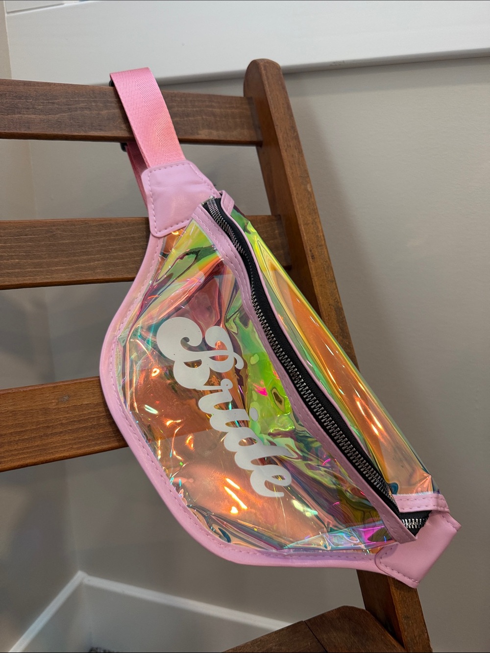 New Bride Holographic Clear Pink Iridescent Fanny Belt Bag Wedding